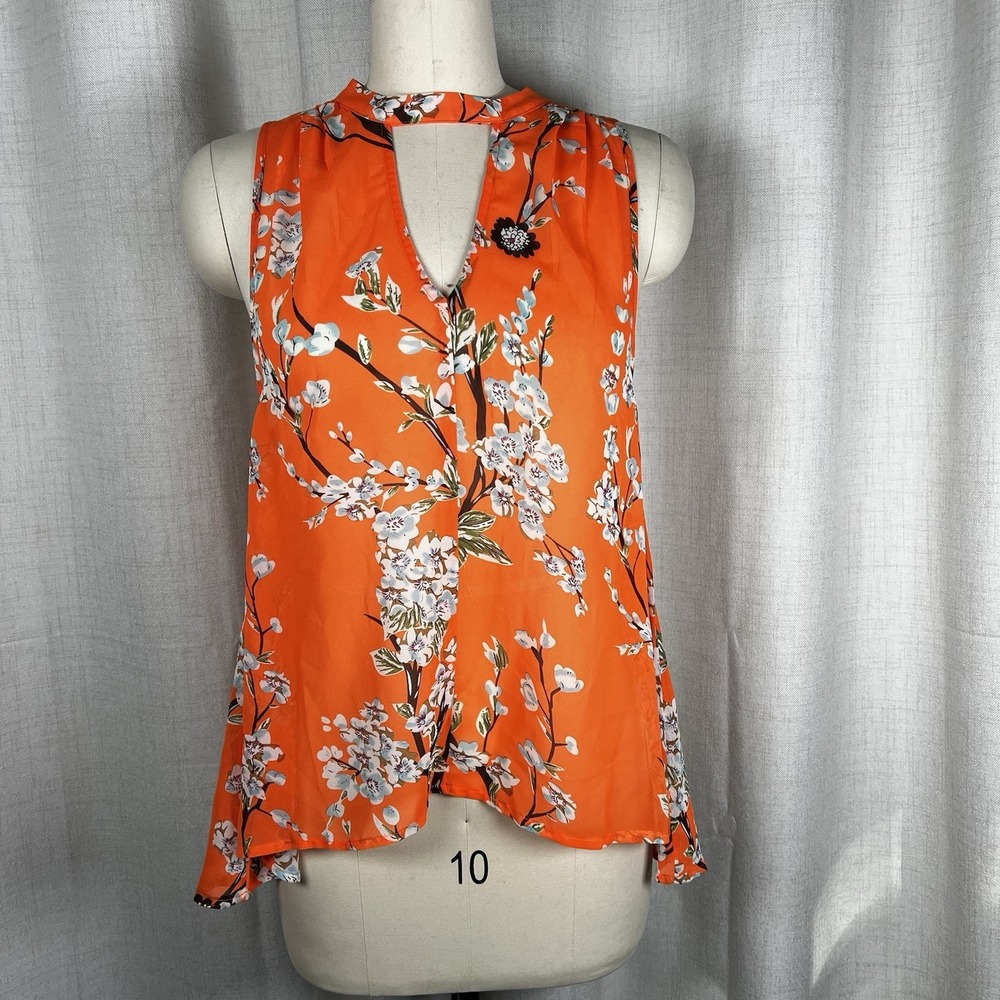 NEW! Miss Me Sleeveless Tunic Tank Top Floral Keyhole Neon Orange Womens Small